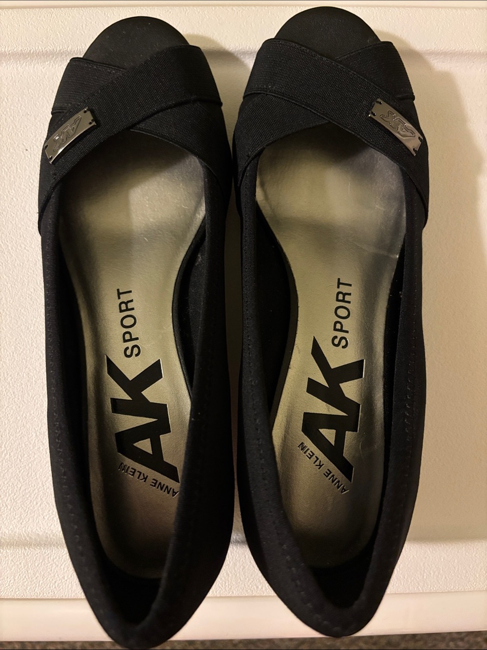 Anne Klein Sport Black Crisscross Peep-Toe Wedges